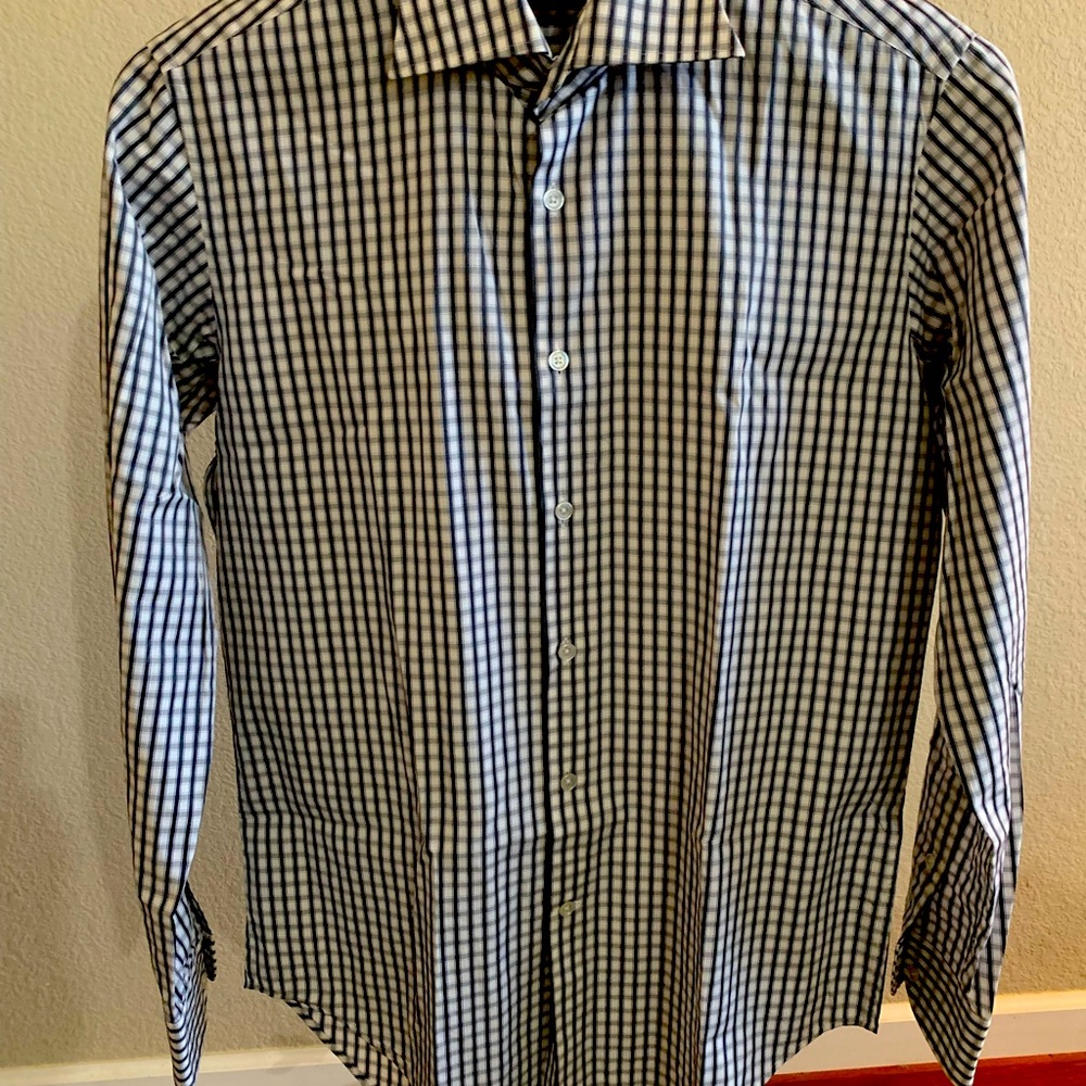 Halston Sea Island Cotton Black & White Checked Button Down Long Sleeve Shirt.